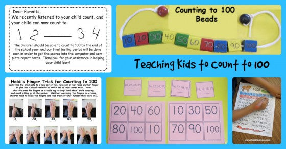 Collage showing hands-on counting activities and printable hundreds charts with headline Teaching Kids to Count to 100