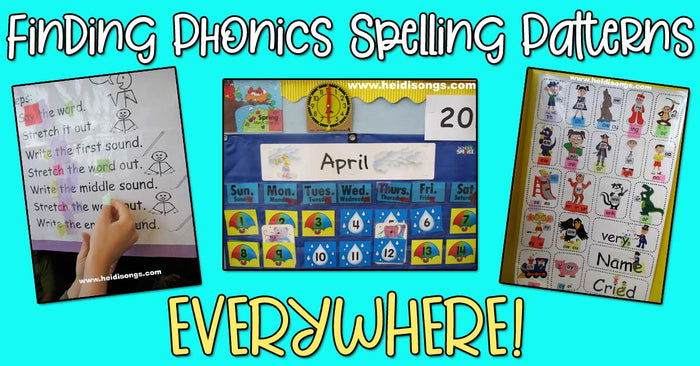 Banner with three classroom photos of highlighted charts and a calendar, headline Finding Phonics Spelling Patterns EVERYWHERE