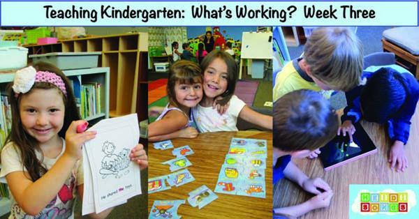 Three kindergarten students in classroom activities: a girl holding a drawing, two girls with matching cards, and children gathered around an iPad