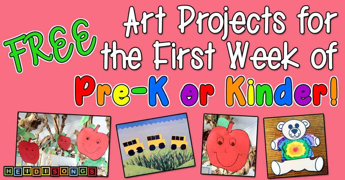 FREE Art Projects for the First Week of Pre-K or Kinder, four small photos of preschool art on pink background