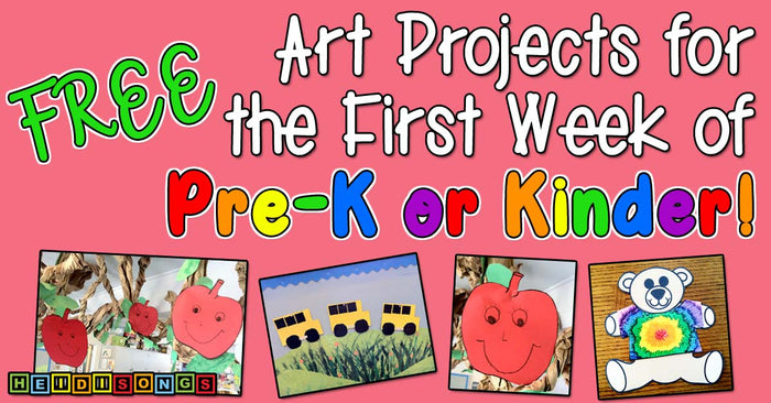 FREE Art Projects for the First Week of Pre-K or Kinder, four small photos of preschool art on pink background