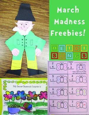Collage titled 'March Madness Freebies!' with paper leprechaun craft, Heidi Songs logo, and printable activity sheets