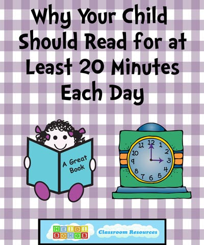 Poster headline Why Your Child Should Read for at Least 20 Minutes Each Day, cartoon child reading and clock on gingham