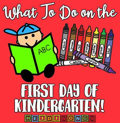 Banner reading What To Do on the First Day of Kindergarten with a cartoon child holding a green ABC book and labeled crayons