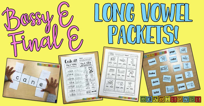 Flat lay of Bossy E long vowel packets showing worksheets on yellow background with headline 'LONG VOWEL PACKETS!'