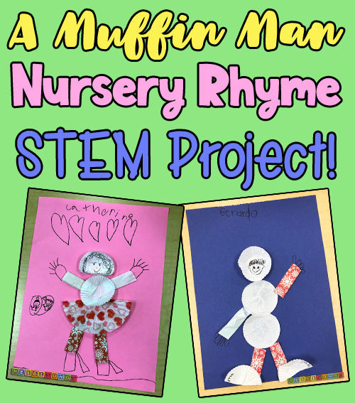 Banner showing two muffin-liner craft characters on pink and blue paper with headline 'A Muffin Man Nursery Rhyme STEM Project'