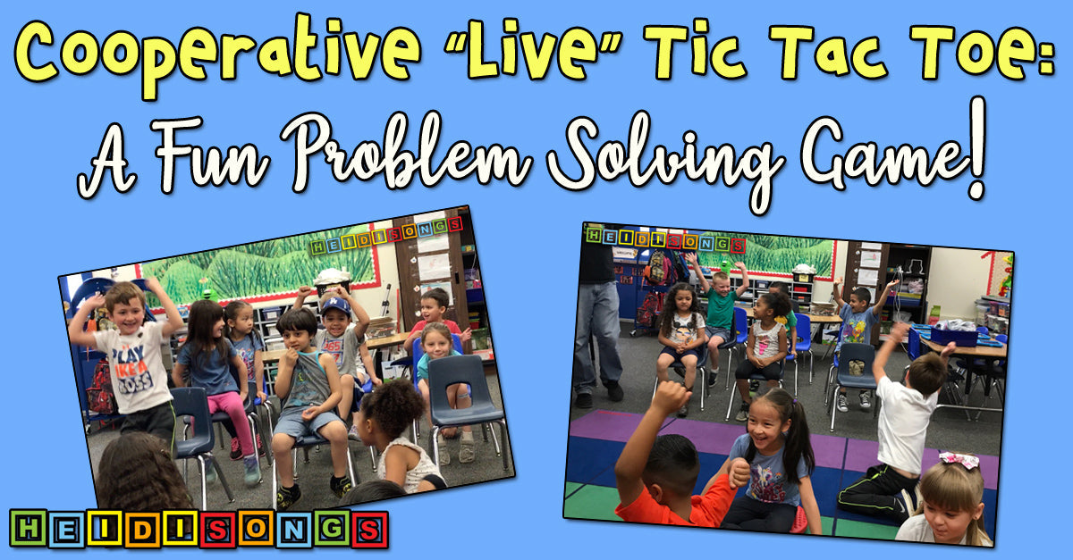 Promotional banner showing Cooperative Live Tic Tac Toe headline and classroom photos of children playing that illustrate cooperative problem solving