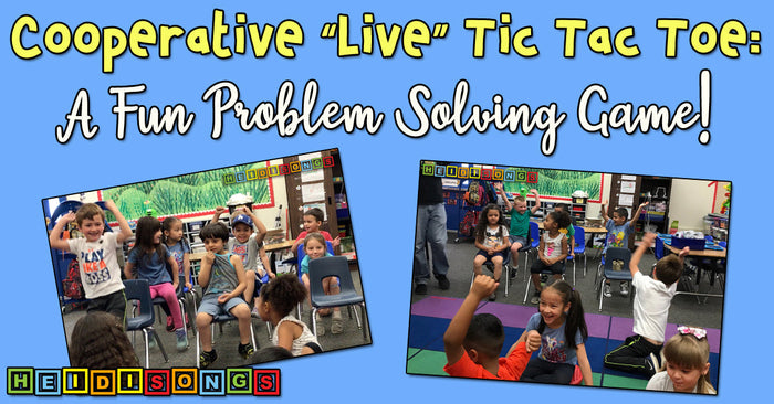 Promotional banner showing Cooperative Live Tic Tac Toe headline and classroom photos of children playing that illustrate cooperative problem solving