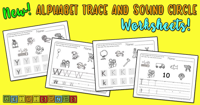 Banner with headline New Alphabet Trace and Sound Circle Worksheets plus four worksheet previews on yellow background