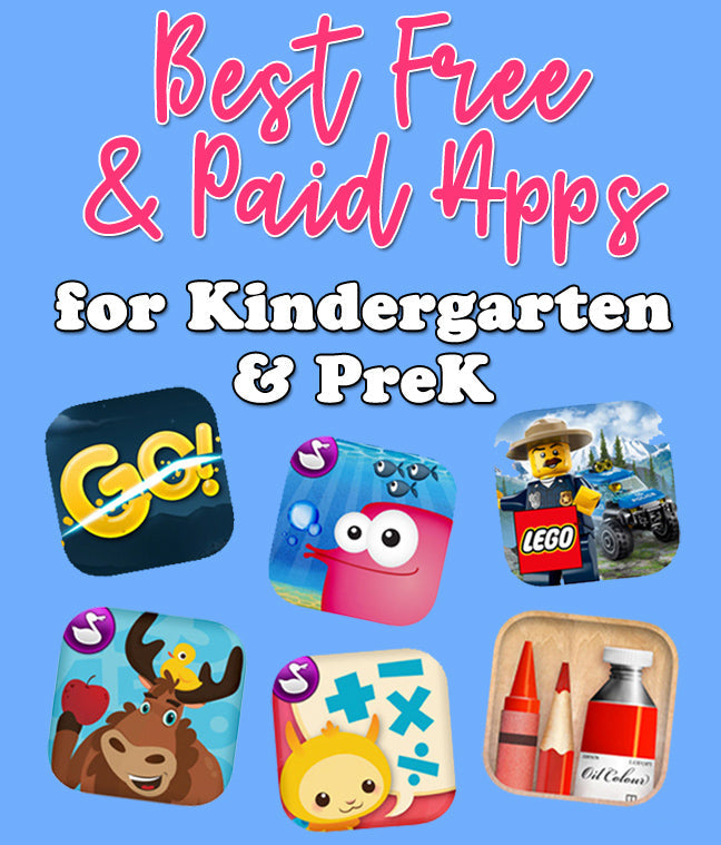 Banner reading Best Free & Paid Apps for Kindergarten & PreK with six colorful app icons