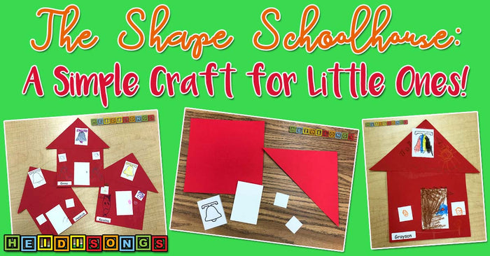 Collage showing three photos of red paper schoolhouse crafts with headline The Shape Schoolhouse: A Simple Craft for Little Ones!