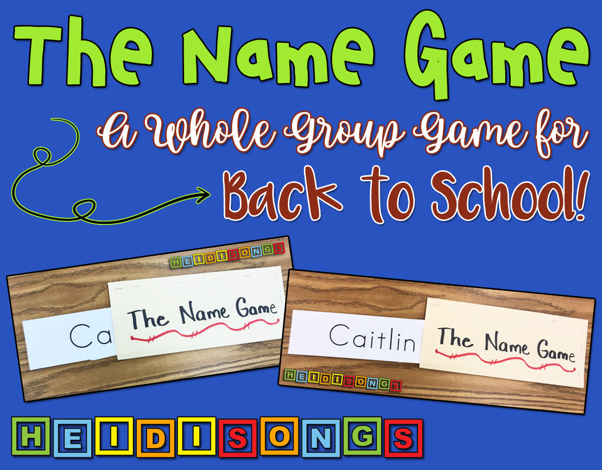 Banner with headline 'The Name Game — A Whole Group Game for Back to School' showing two photos of name cards on a wooden desk and HEIDISONGS blocks