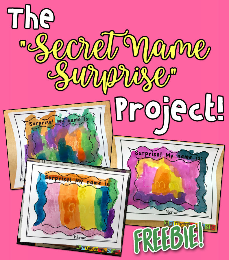Graphic titled The ‘Secret Name Surprise’ Project showing three student watercolor crayon-resist name artworks and FREEBIE