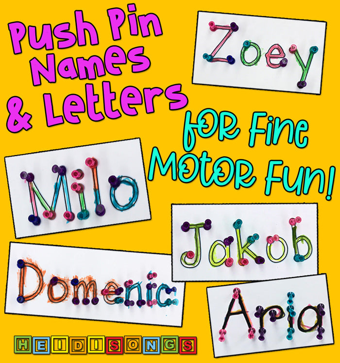 Collage showing children's names made with colorful push pins and thread, with headline 'Push Pin Names & Letters'