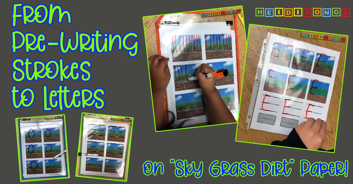 Photo collage showing children using oversized sky grass dirt lined paper to practice pre-writing strokes and letters with dry-erase markers