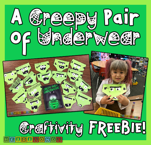 Classroom display of green paper ‘Creepy Pair of Underwear’ crafts on a table with the book cover and a child holding one