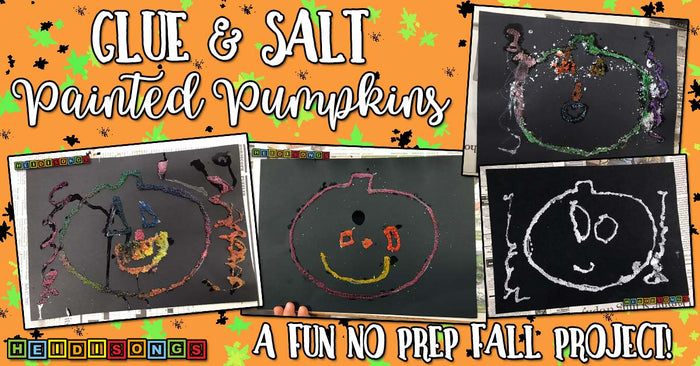 Banner collage showing children's glue and salt painted pumpkins with headline Glue and Salt Painted Pumpkins