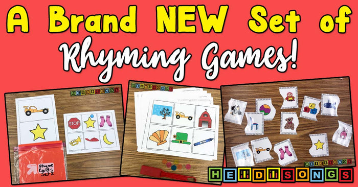 Flat-lay of rhyming game set: cards, puzzle-piece matches, and a zip bag, with headline ‘A Brand NEW Set of Rhyming Games!’