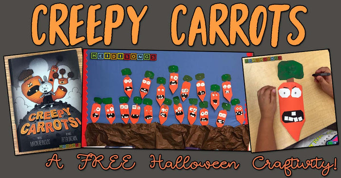Classroom display of children’s spooky paper carrot crafts beside the Creepy Carrots book with overlaid text A FREE Halloween Craftivity!