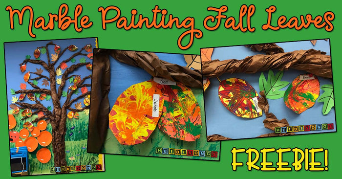 Promotional collage showing marble-painted fall leaves classroom display with headline Marble Painting Fall Leaves FREEBIE
