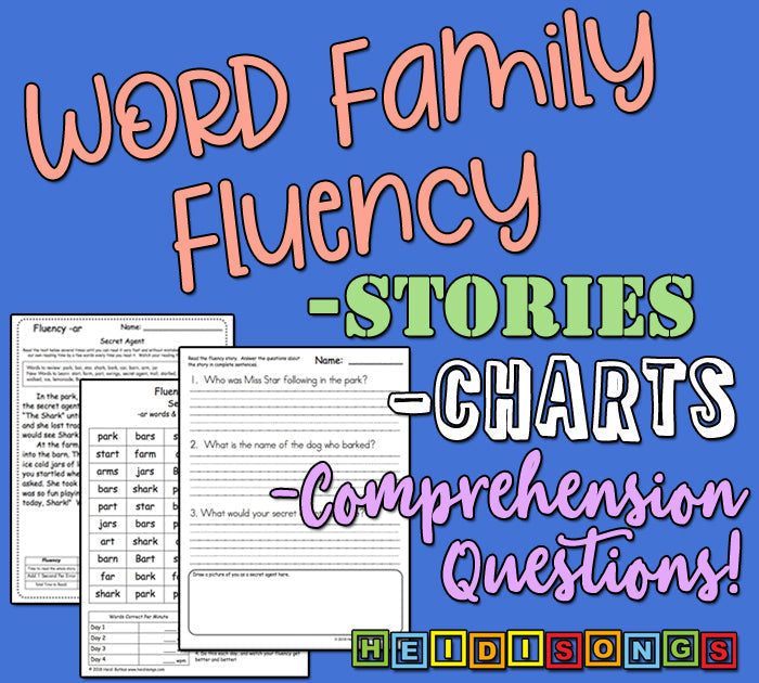 Front cover of Word Family Fluency Stories set showing sample charts and comprehension worksheets on a blue background