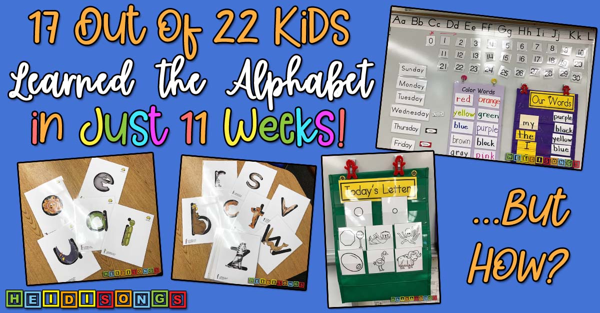 Banner showing '17 Out of 22 Kids Learned the Alphabet in Just 11 Weeks' with photos of letter cards, a classroom focus wall, and a pocket chart for Today's Letter