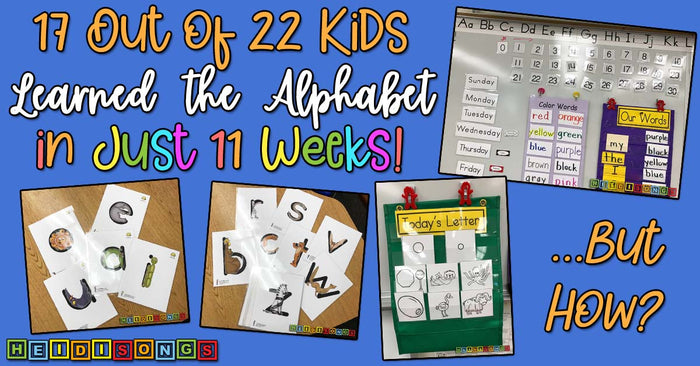 Banner showing '17 Out of 22 Kids Learned the Alphabet in Just 11 Weeks' with photos of letter cards, a classroom focus wall, and a pocket chart for Today's Letter