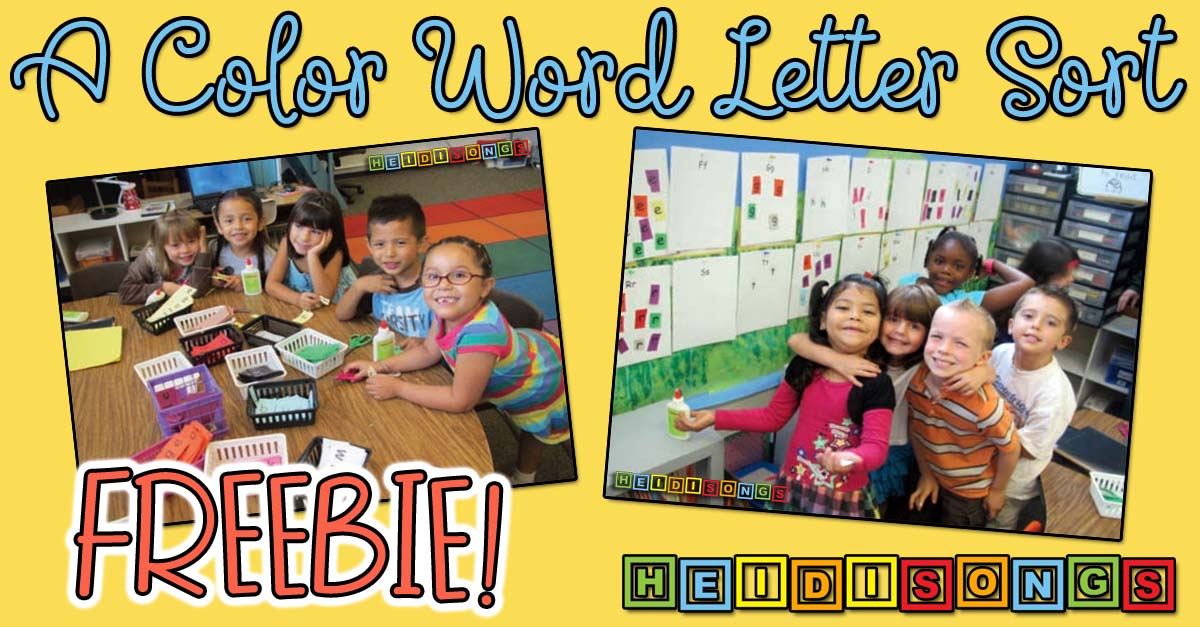 Preschool children sorting color-word cards at a classroom table with overlay headline A Color Word Letter Sort and FREEBIE!