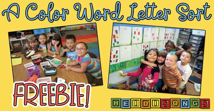 Preschool children sorting color-word cards at a classroom table with overlay headline A Color Word Letter Sort and FREEBIE!