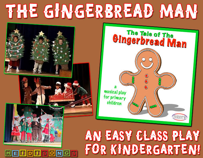 Promotional banner showing the Gingerbread Man play cover and photos of children performing with headline An Easy Class Play for Kindergarten