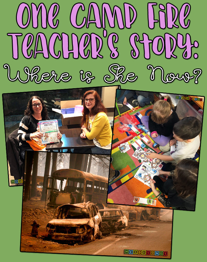 Collage One Camp Fire Teacher's Story: Where is She Now? showing a teacher with supplies, kids on carpet, and burned cars