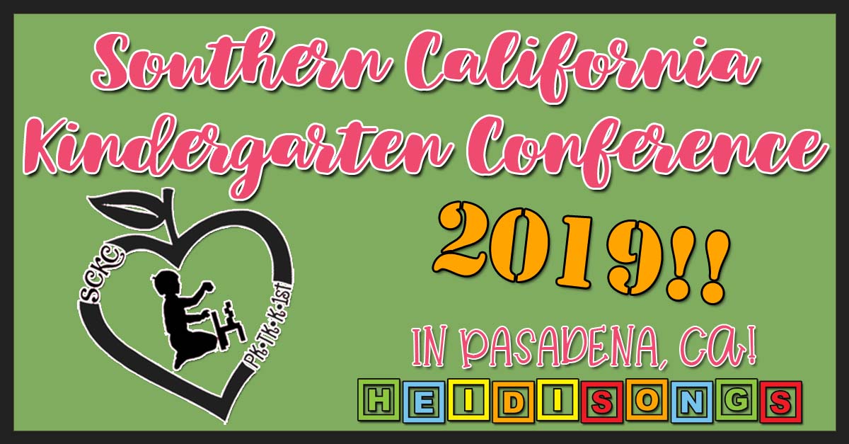 Banner for Southern California Kindergarten Conference 2019 in Pasadena CA with HeidiSongs blocks