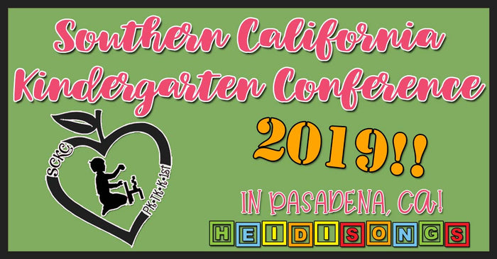 Banner for Southern California Kindergarten Conference 2019 in Pasadena CA with HeidiSongs blocks