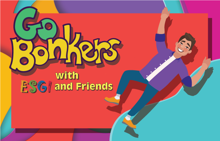 Banner showing headline ‘Go Bonkers with ESGI and Friends’ with an illustrated person sliding on colorful layered shapes