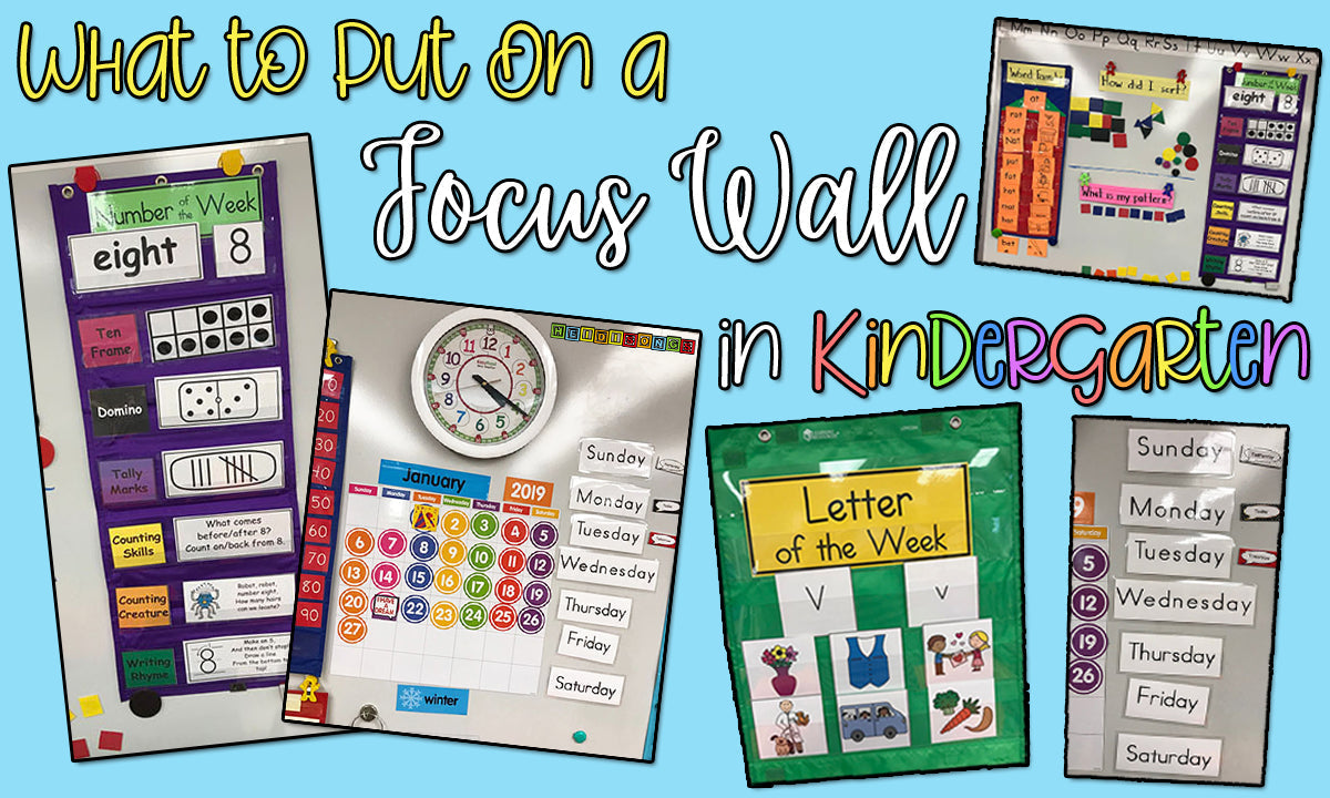 'What to Put On a Focus Wall in Kindergarten' headline on collage showing focus wall examples: calendar, number chart, letter chart, days-of-week
