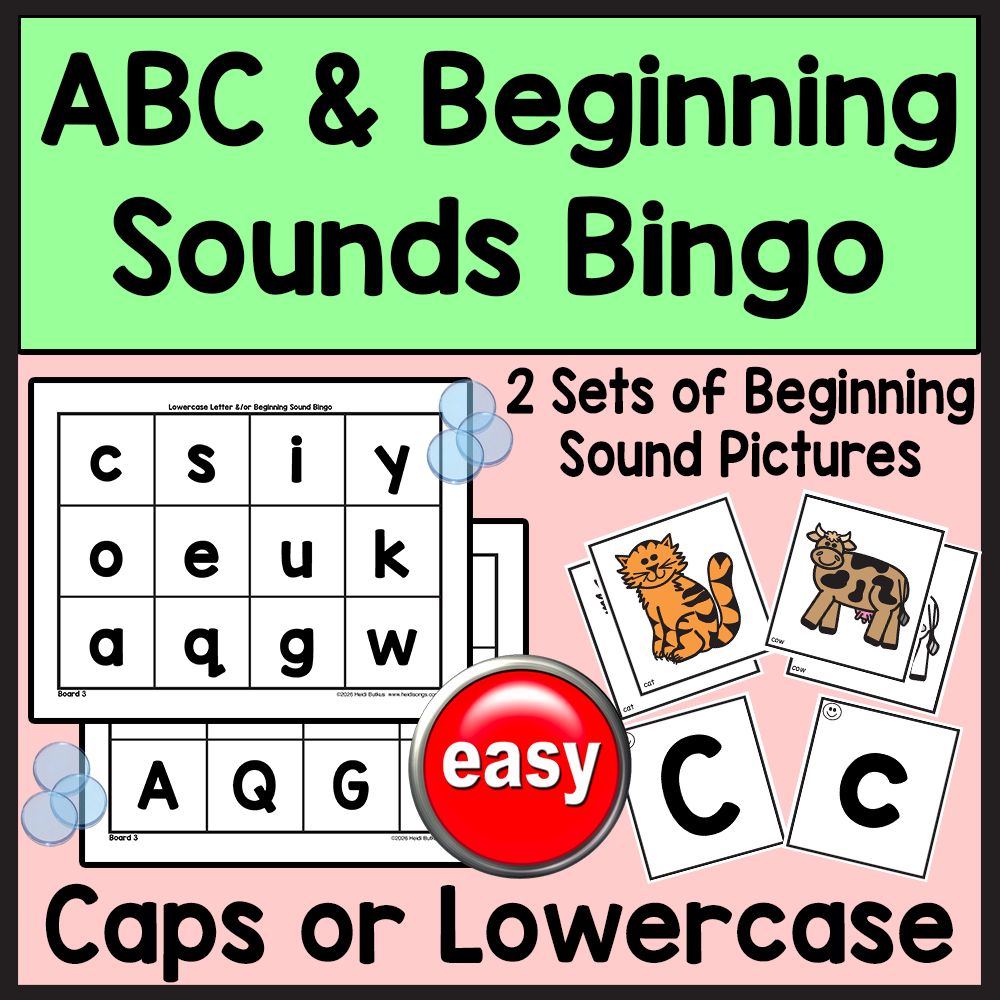 Front view of ABC and Beginning Sounds Bingo Game showcasing uppercase and lowercase boards with picture cards