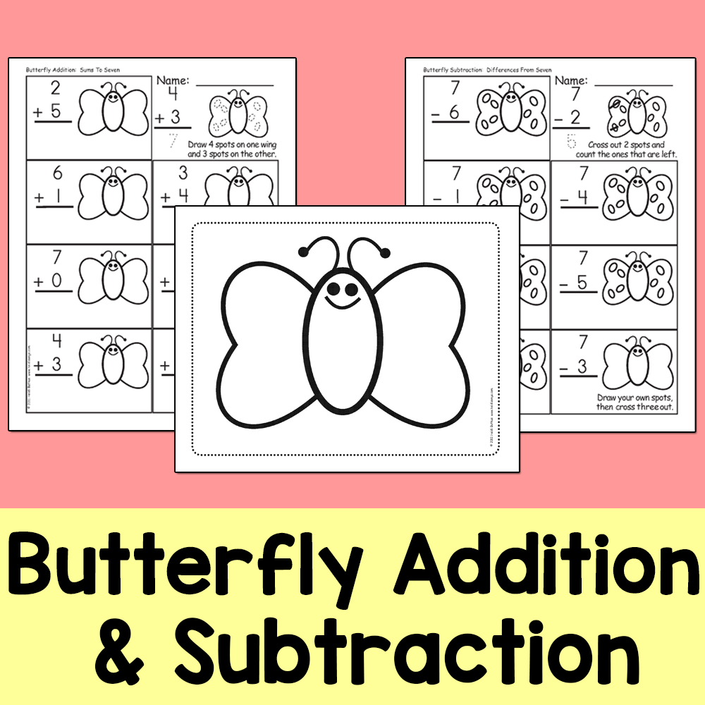 Butterfly Math Adding Front view of Butterfly Addition & Subtraction worksheets showing three ...