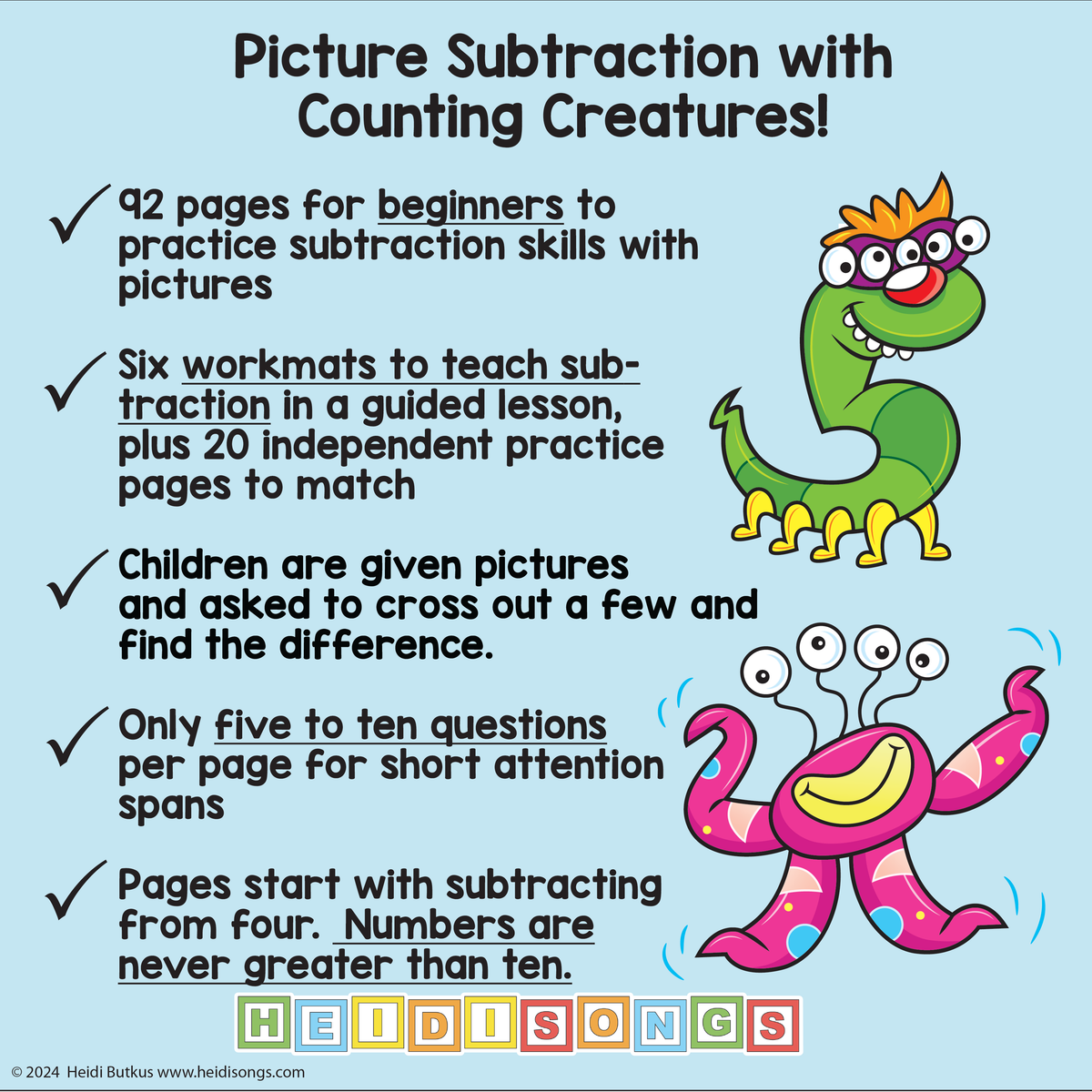 Counting Creatures Subtraction Worksheets