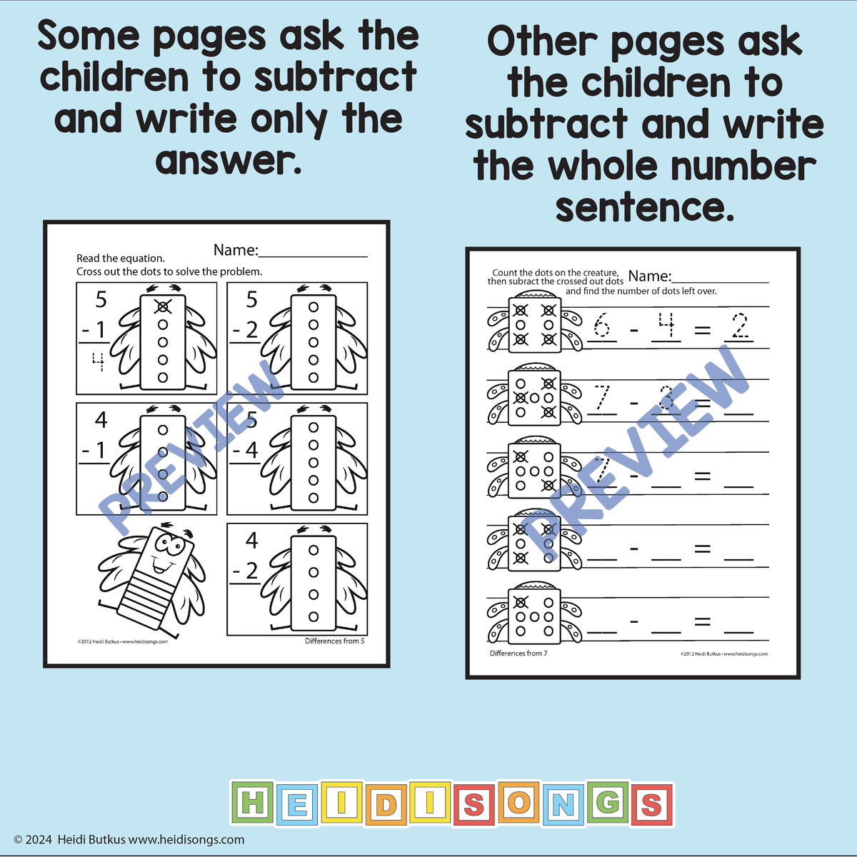 Counting Creatures Subtraction Worksheets