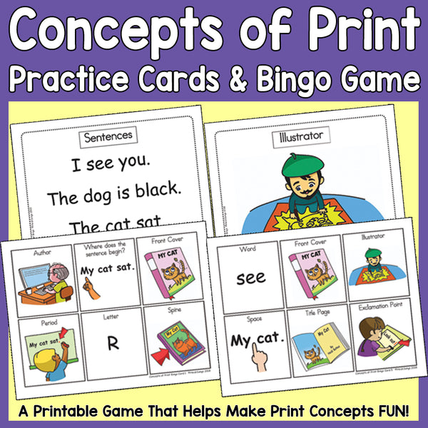 Concepts of Print Practice Cards & Bingo Game